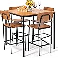 Giantex 5-Piece Dining Table Set W/Counter Height Table & 4 Bar Stools, Industrial Kitchen Dining Table Set W/Footrest & Backrest, Space-Saving Dinette Set for Pub, Dining Room, Restaurant (Teak)
