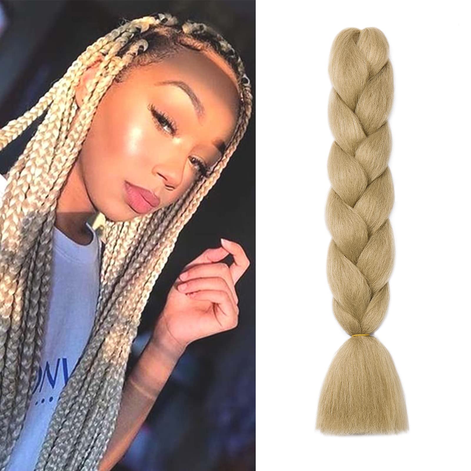 Jumbo Braiding Hair Pieces 1 Bundle 24inch Ombre Jumbo Braids Hair Extensions Crochet Twist Hair Synthetic High Temperature Fiber Afro Box (Natural Blonde)
