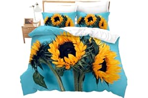 Feelyou Sunflower Duvet Cover Set Queen Size 3D Print Bedding Set Stylish Decor Pastoral Comforter Cover with 2 Pillowcases Blossom Flowers Ultra Soft Microfiber Zipper 3 Pcs Novely Blue