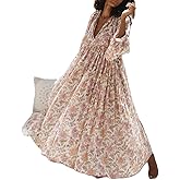Women Boho Floral Maxi Dress Puff Sleeve V Neck Long Dress Bohemian Flowy Tiered Dress Loose Fit Shirt Dress