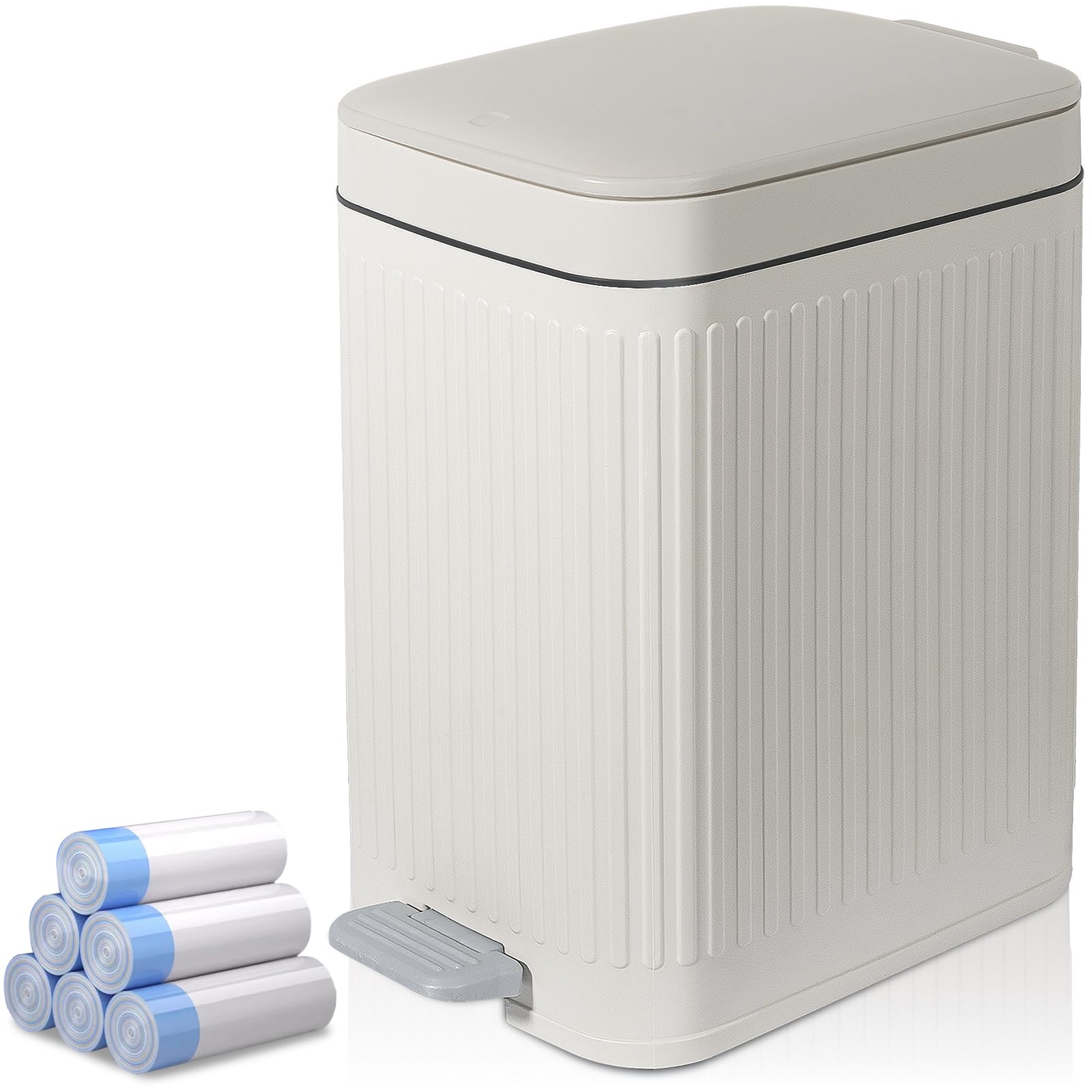 Photo 1 of rejomiik Small Bathroom Trash Can with Lid 1.9 Gallon Step Trash Can Slim Garbage Can with Soft-Close Waste Bin for Bathroom, Bedroom, Office, Dorm, RV, Off-White