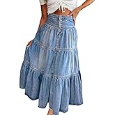 yoeasy Women's High Waist Denim Maxi Skirt Button Boho Flowy Pleated Tiered Ruffle Swing A-Line Jean Long Skirt