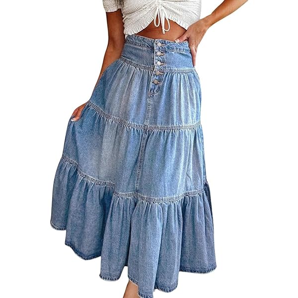 Women Casual High Waisted Denim Maxi Skirts Vintage Tiered Flowy