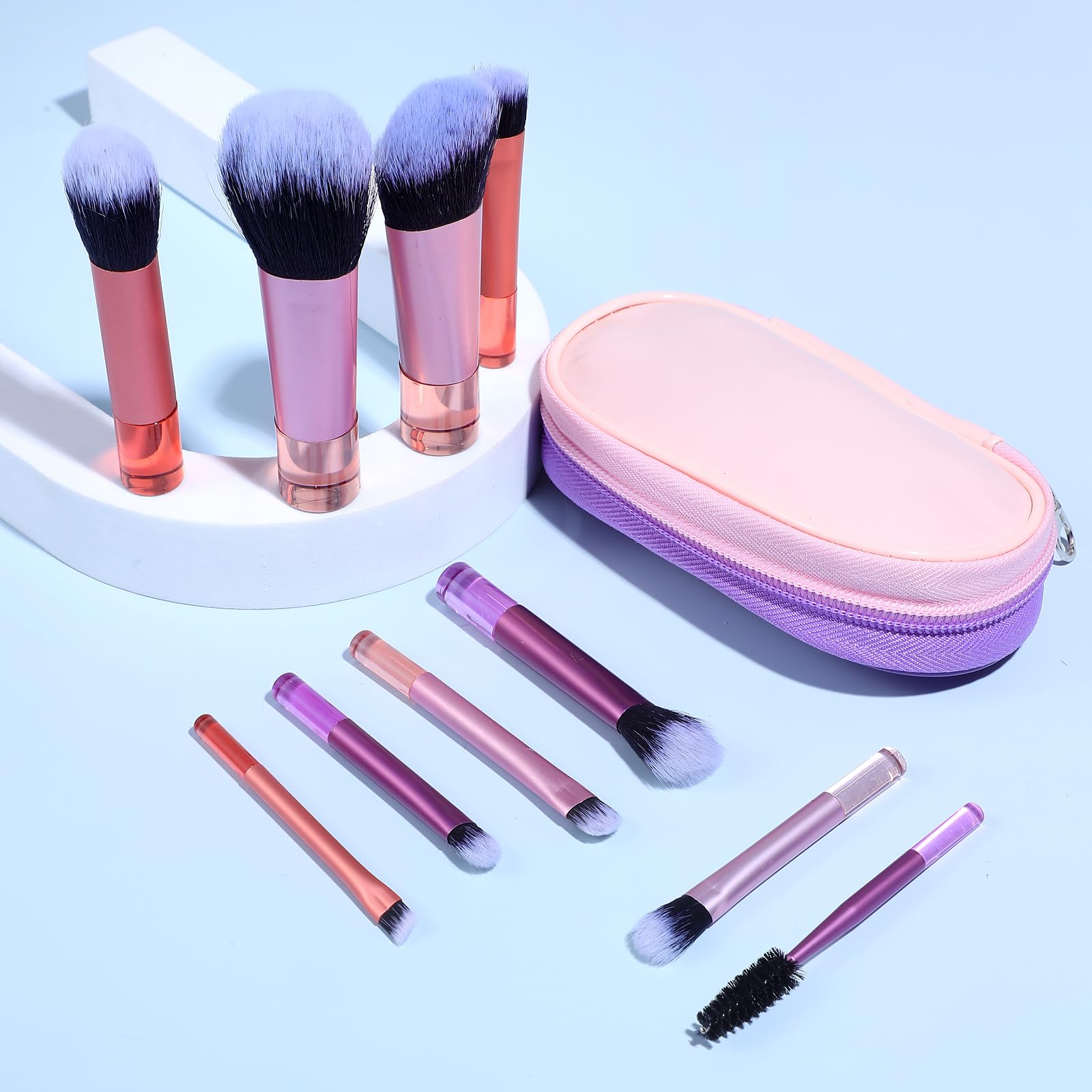 AOZUO Travel Makeup Brush Set, Portable Mini Cosmetic Brushes with Case Full Complete Function Makeup Brushes Kit with Pouch Foundation Eyebrow Blending Concealer Blush Eyeshadow Contour Pow(Pink)