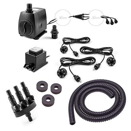 CLGarden Springbrunnen Pumpe Set SP3-S für Zierbrunnen mit 3 Wasserausläufen 3er Ausgang LED Beleuchtung Wasserspiel Springbr