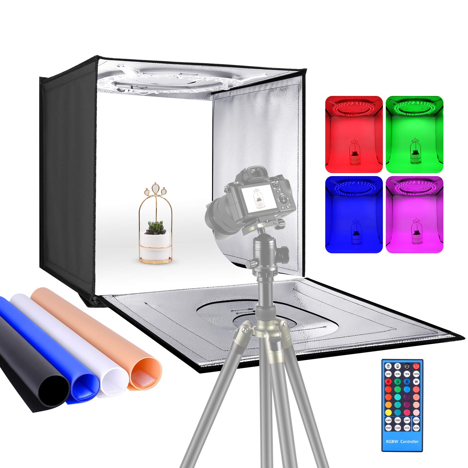 NEEWER Photo Studio RGB Light Box with APP Control and Infrared Remote Control, Foldable Table Top 24 inches/60cm Shooting Tent with 96 RGB LEDs/Adjustable 2-20W/6000K-6500K/4 Colors Backdrops