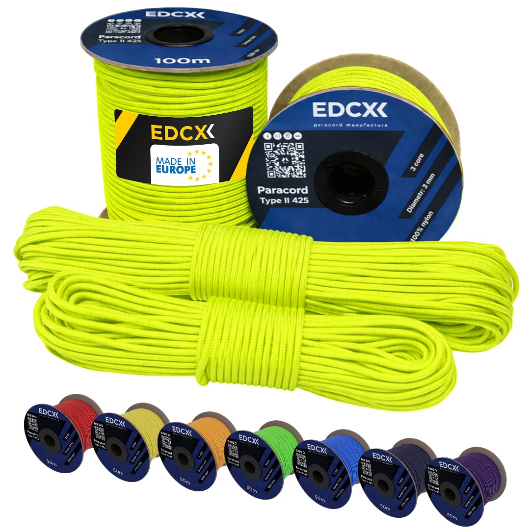 EdcX 3 mm Nylon Paracord 425 (15, 30, 50 and 100m) – 3 mm Type II, 100% Nylon Rope, 3 Strand Rope, 3 mm Nylon Rope in Many Colors (Sofit Yellow, 15 m)