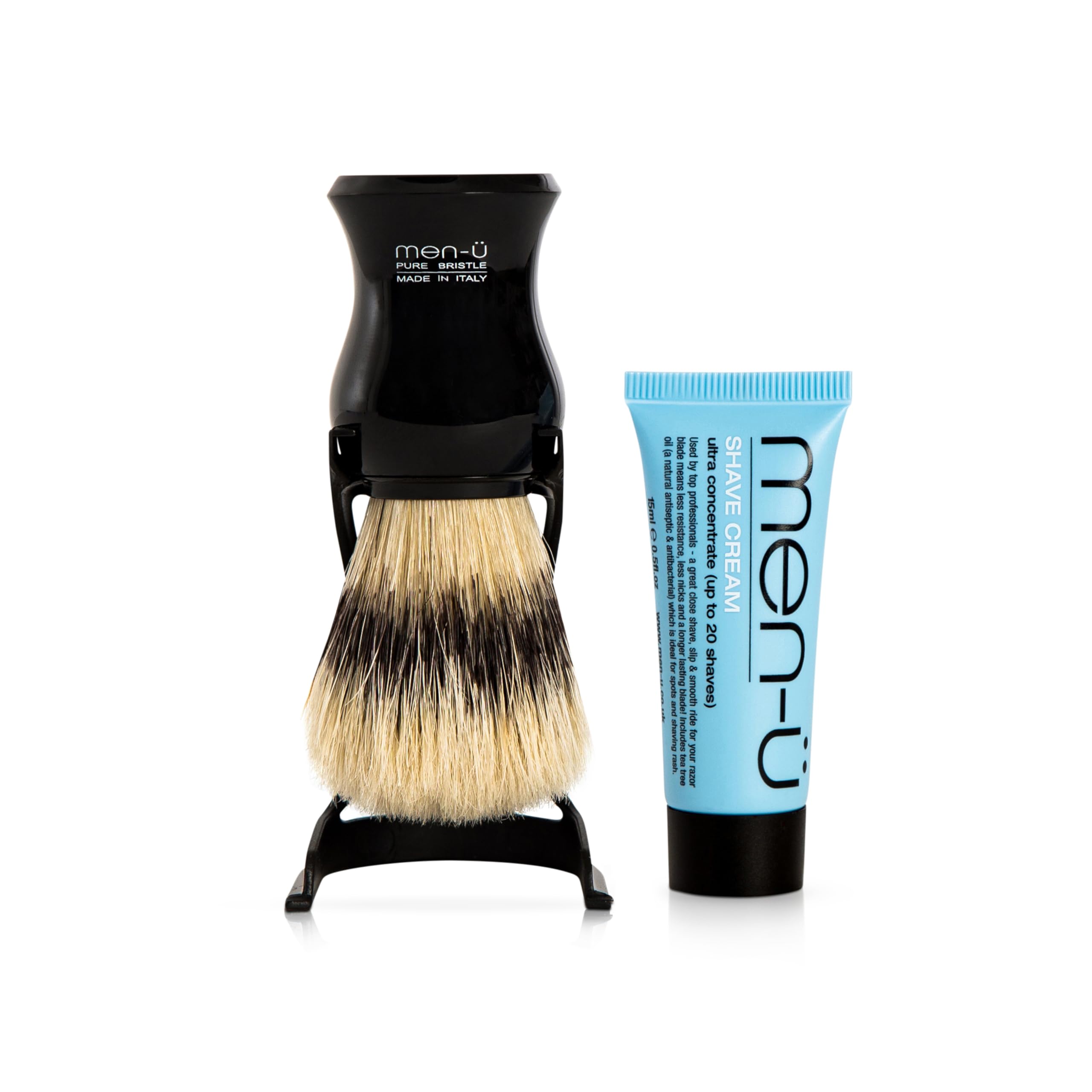 men-u BARBIERE PURE BRISTLE (BLACK) SHAVING BRUSH – Traditional shaving brush set from Italy w/pure bristles. A great introductory shaving brush. Includes 15ml SHAVE CREAM tube.