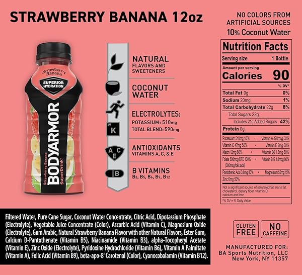 BODYARMOR SPORTS DRINK, STRAWBERRY BANANA, ELECTROLYTE DRINK HYDRATION, 12 FL OZ BOTTLES (8 PACK), FLAVORED COCONUT WATER WITH B VITAMINS & ANTIOXIDANTS