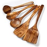 Wood Kitchen Utensils Set, 5 PCs Natural Acacia Wooden Spoons For Cooking for Non-stick Skillet, Utensil set For Cooking With Soup Ladle and Wok Spatulas, Salad fork, Spurtles for Cooking