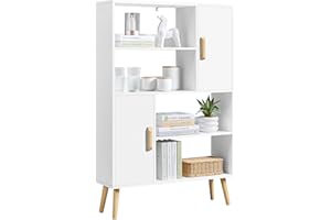 FullFurnique Book Shelf, 4-Tier Bookcase with Storage Cabinet, Modern Cabinet with Doors and Open Storage Cube for Living Roo