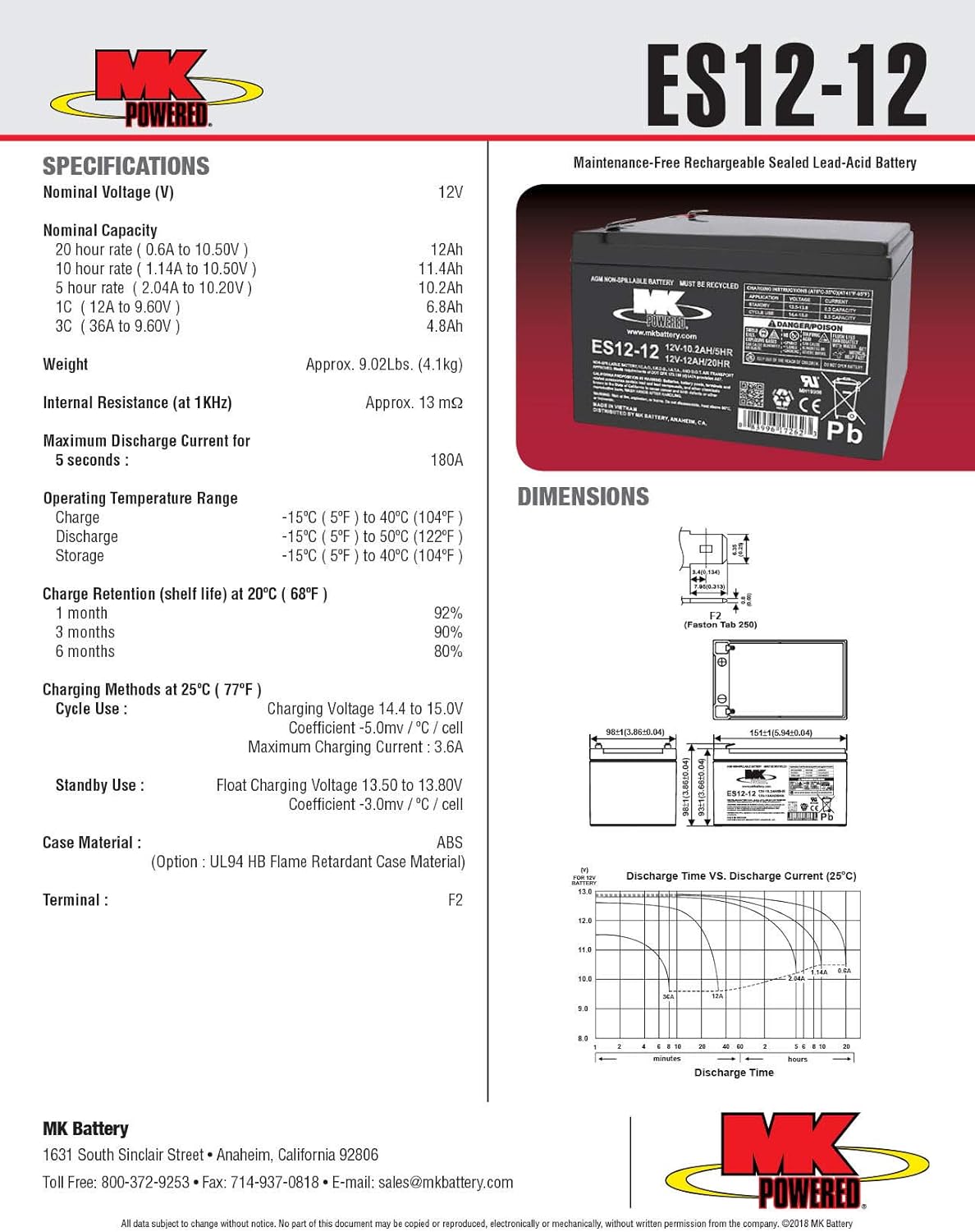 MK Battery ES12-12 Maintenance-Free Rechargeable Sealed Lead-Acid Battery: Home Audio & Theater