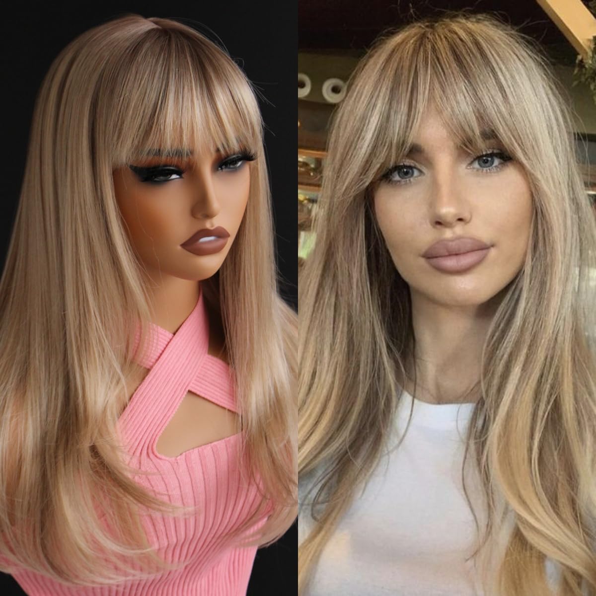 Photo 1 of Aisom Bangs Highlight Blonde Wig Straight 2x1 HD Synthetic Lace Wig for Women Glueless Lace Wig Blonde Colored Wig 16 Inch