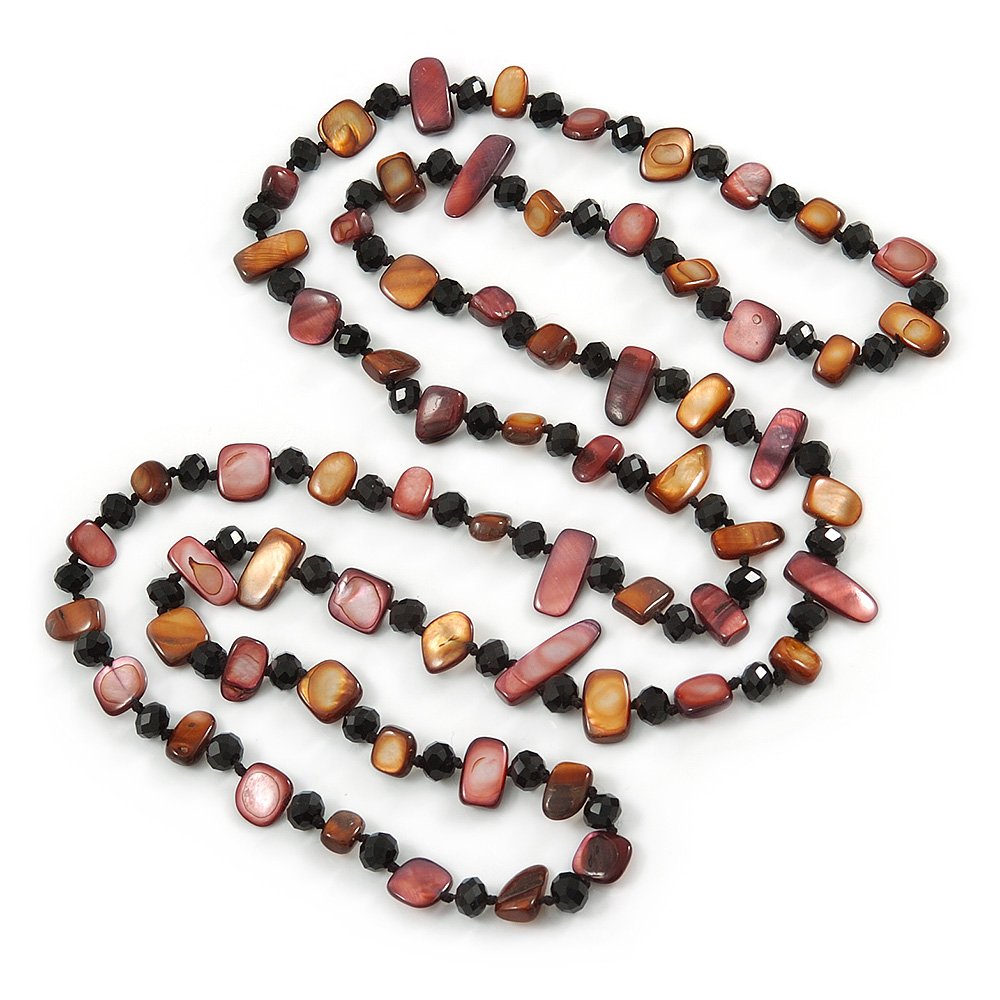 Avalaya Brown/Plum Shell Nugget and Black Glass Crystal Bead Long Necklace/120cm L