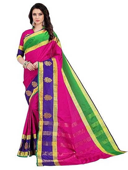 Womens Handloom Cotton Silk Saree(jari131_pink_purple_green)