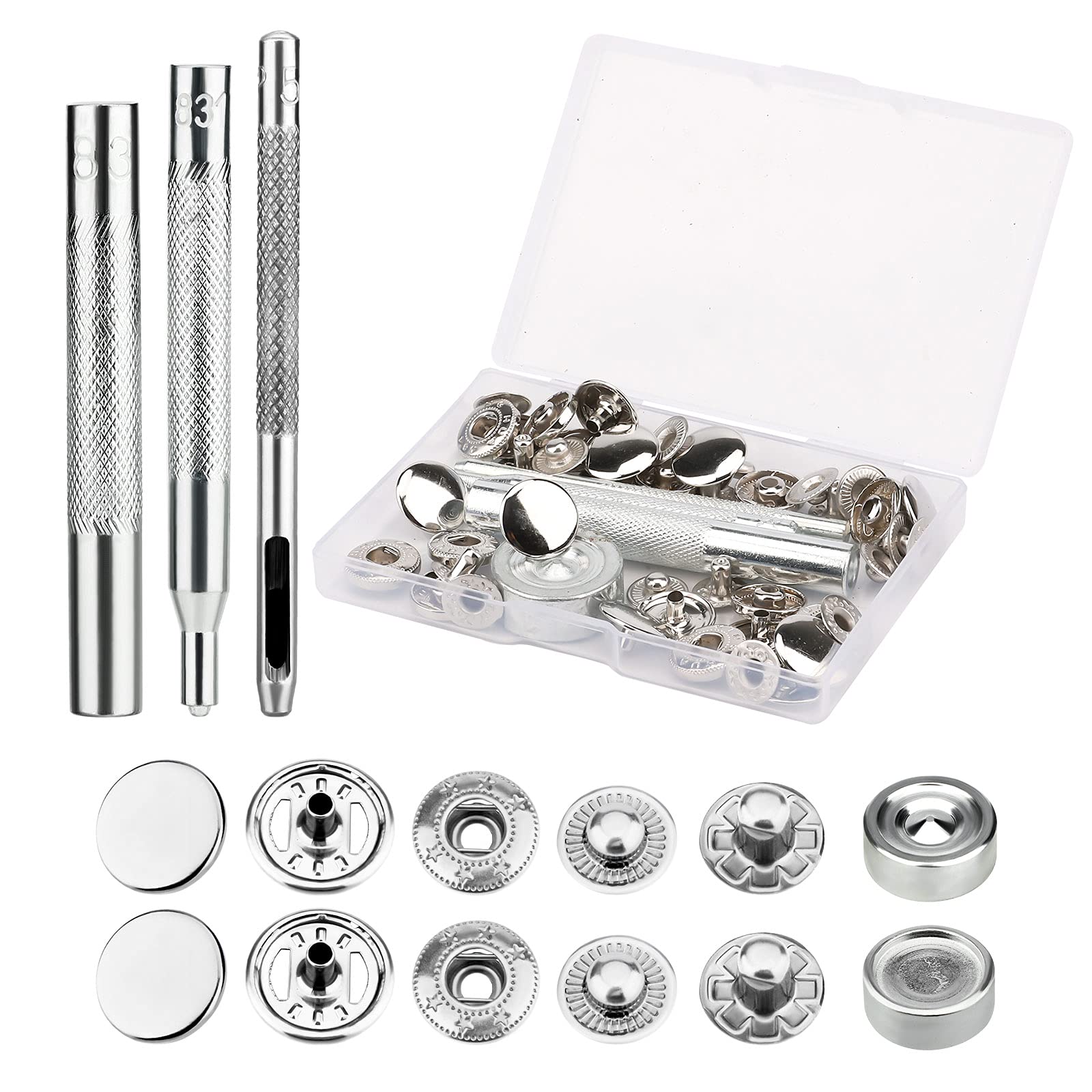 SAVITA 12 Sets Metal Snap Buttons Leather Snap Fasteners Kit with 4 Install Tools Heavy Duty Snaps Press Stud Sewing Snaps for Clothes Jeans Belt Fabric (Silver, 15mm)