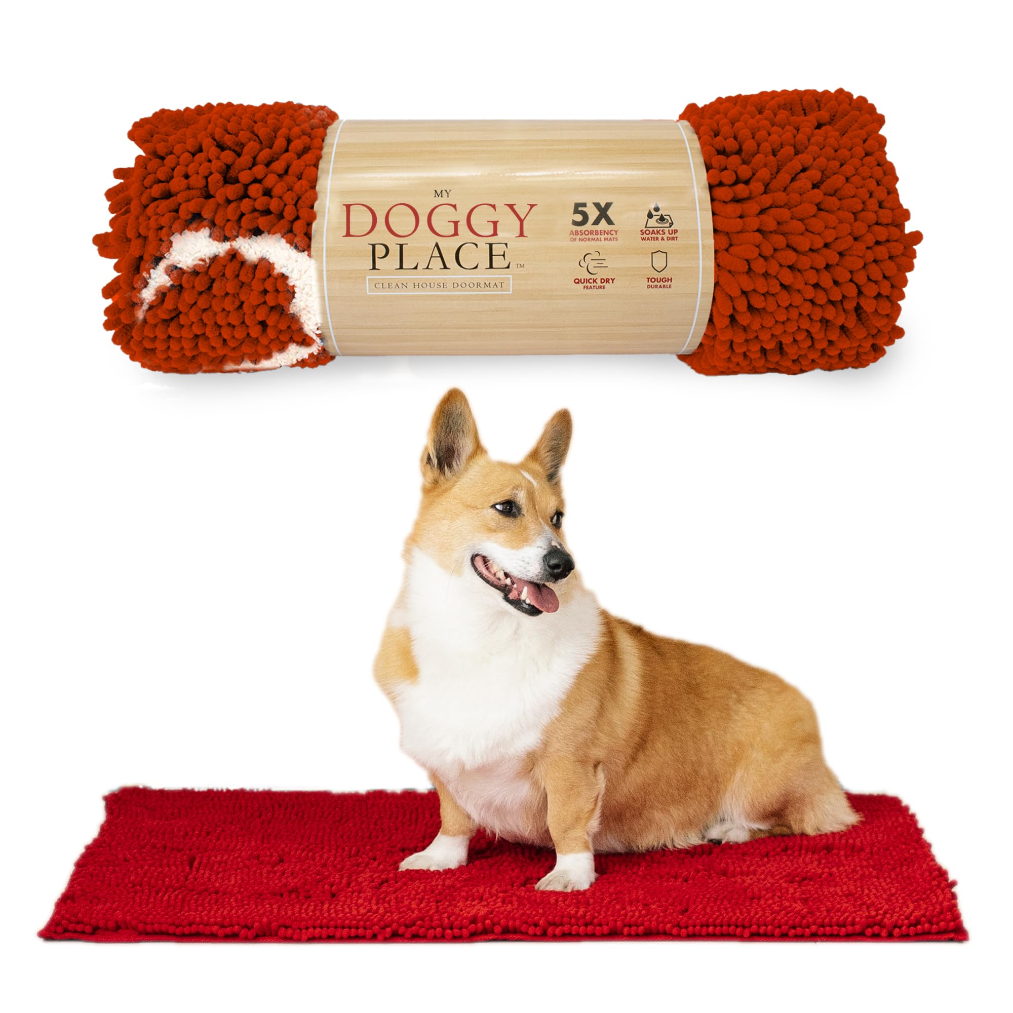 My Doggy Place - Ultra Absorbent Microfiber Dog Door Mat, Durable, Quick Drying, Washable, Prevent Mud Dirt, Keep Your House Clean (Red w/Paw Print, Medium) - 31 x 20 inch