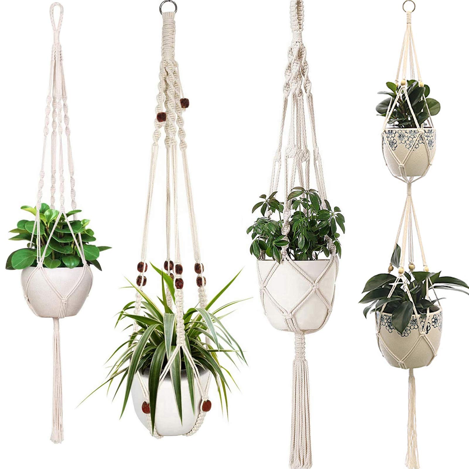 Sixyotie Macrame Plant Hangers 4 Legs Indoor Hanging Planter Basket Handmade Hanging Plant Holder Flower Pot Holder for Decorations - Cotton Rope (4 Packs)
