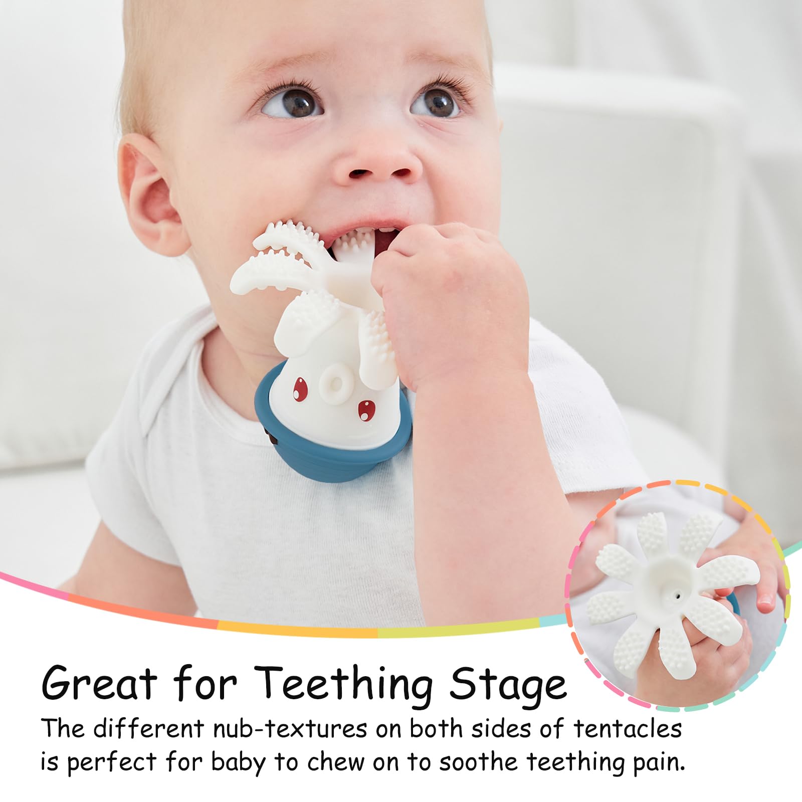 Mombella Octopus Teethers for Babies 3 Months+, Soft Silicone Infant Teething Toys, Functional Baby Chew Toys to Soothe Sore Gums, BPA Free, Sky Blue