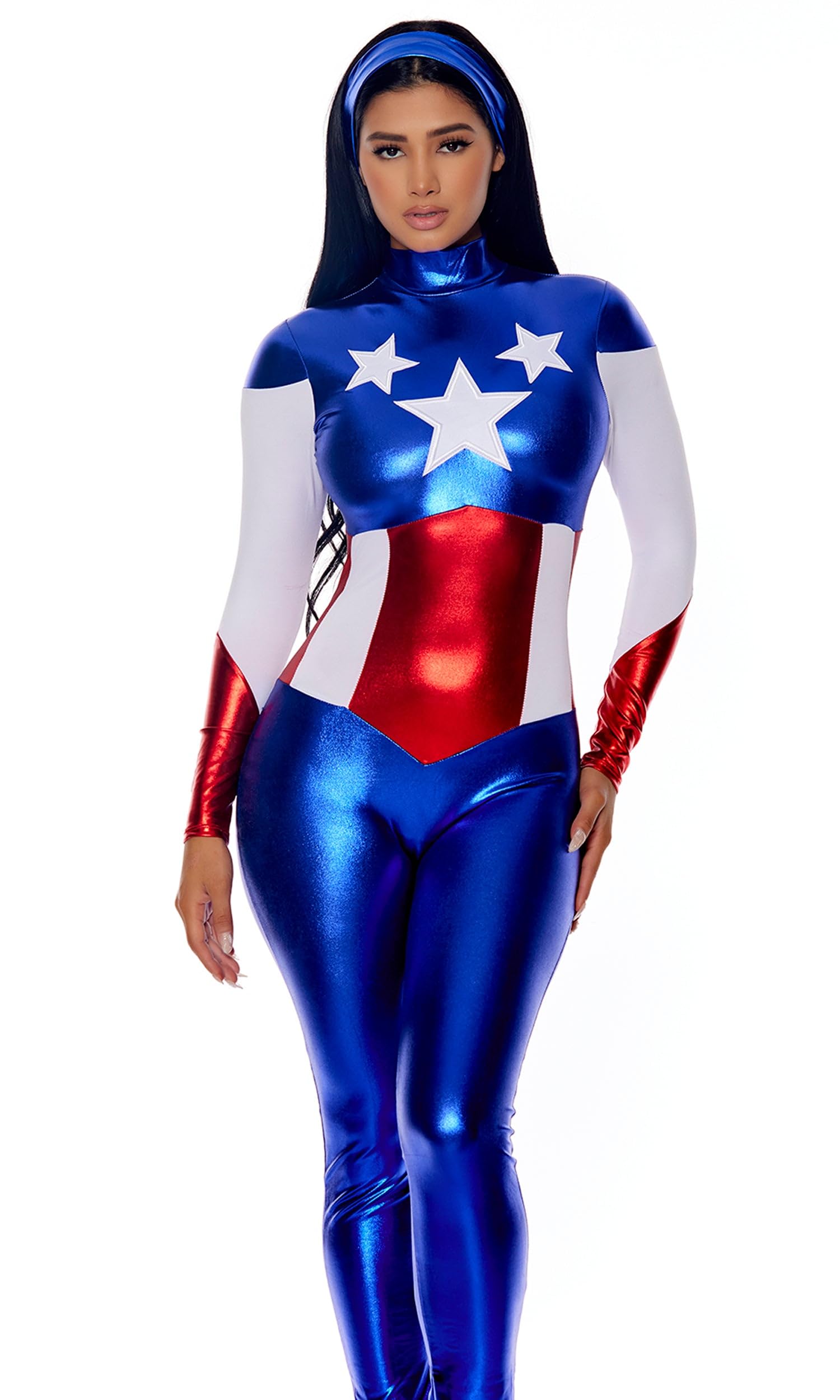 Forplay Women's Petite Star Spangled Hero Catsuit with Stripe Waist and Headband