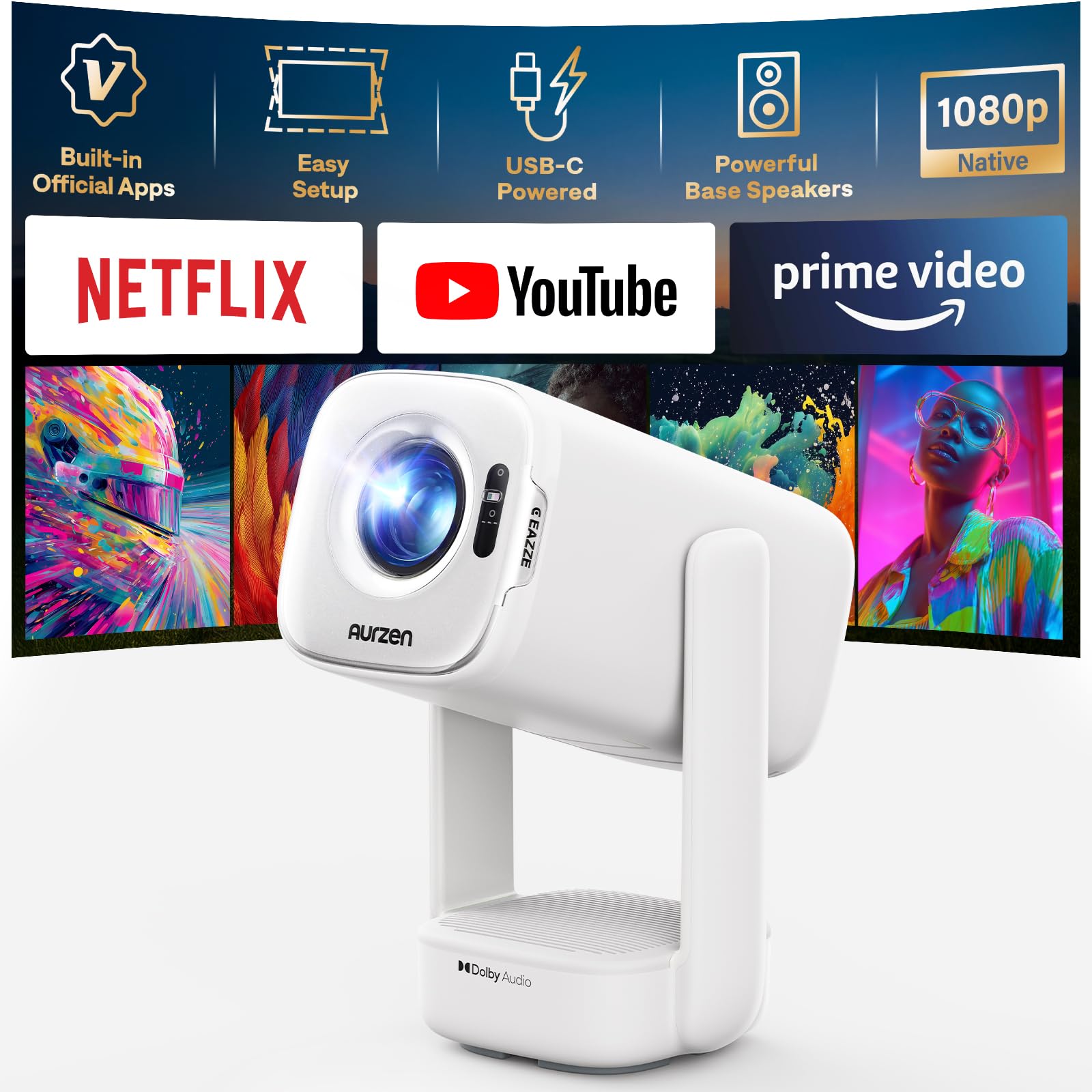 Photo 1 of Aurzen D1 air Smart Portable Projector with WiFi and Bluetooth, USB-C Powered, Easy Auto Setup, 16W Dolby Audio, Built-in Official Apps, Native 1080P HDR10, Outdoor Movie Projector 4K Supported, White