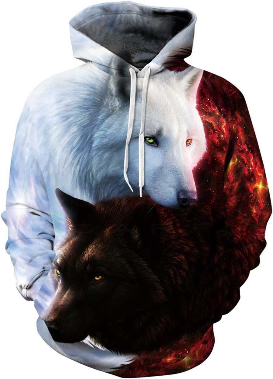 Men's Casual Long Sleeve 3D Digital Print Ice and Fire Wolf Design Lover's Fashion Sports Pullover Hoodies