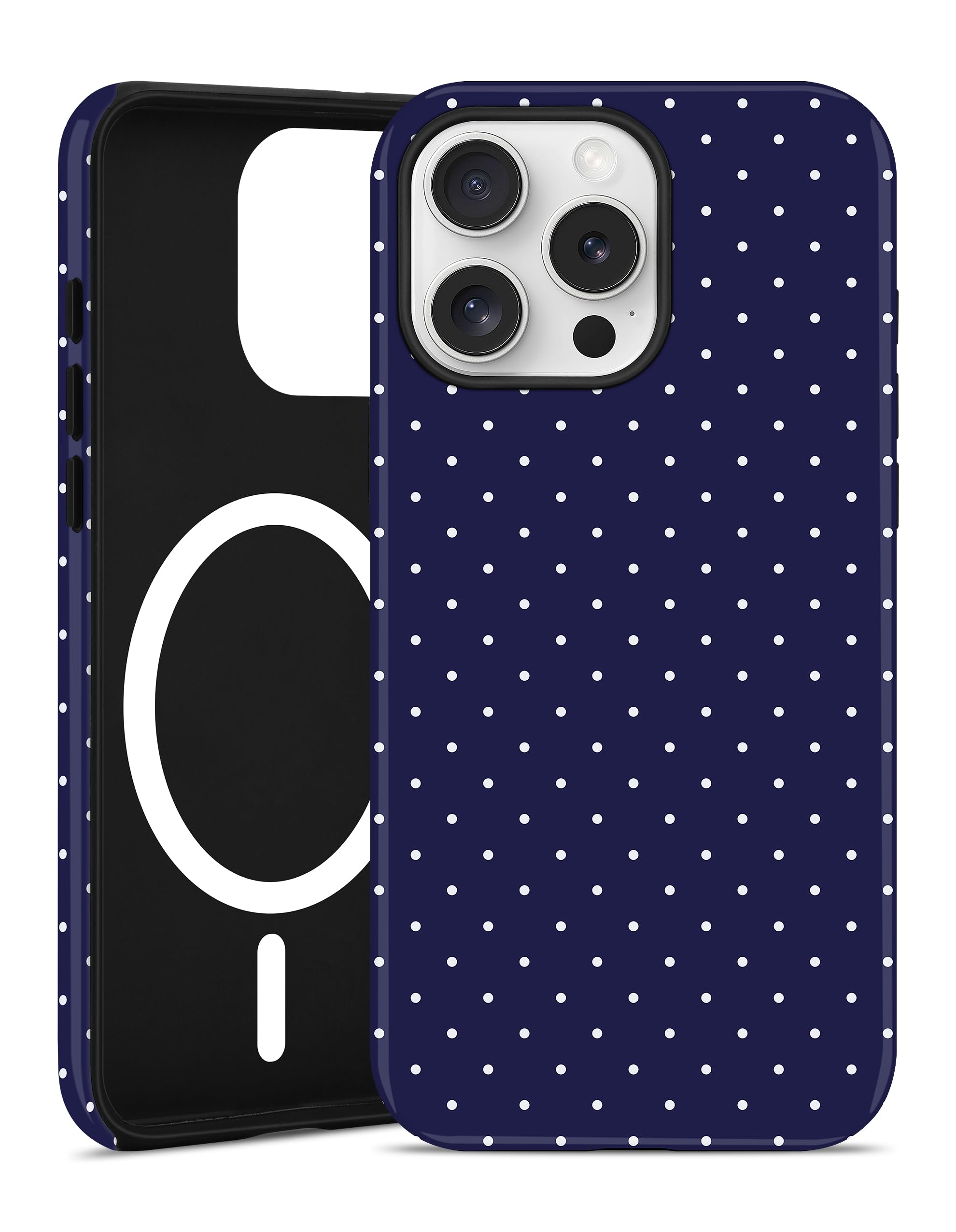 Photo 1 of Jusy Compatible with MagSafe Polka Dot Case for iPhone 16 Pro Max, Cute Aesthetic Polka Dots Magnetic Phone Case, Soft TPU and Hard PC Protective Phone Cover for Women Girls (Matte), Navy Blue