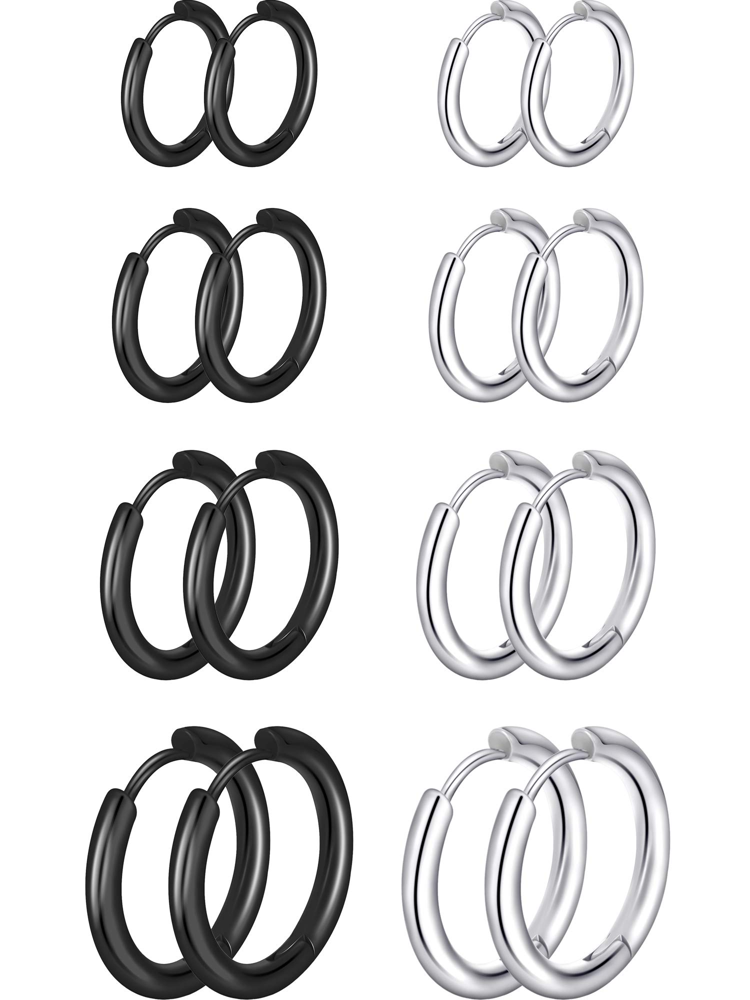 8 Pairs Cartilage Hoop Earrings Stainless Steel Small Hoop Earrings Nose Lip Rings for Women (8 mm, 10 mm, 12 mm, 14 mm, Steel Color, Black)