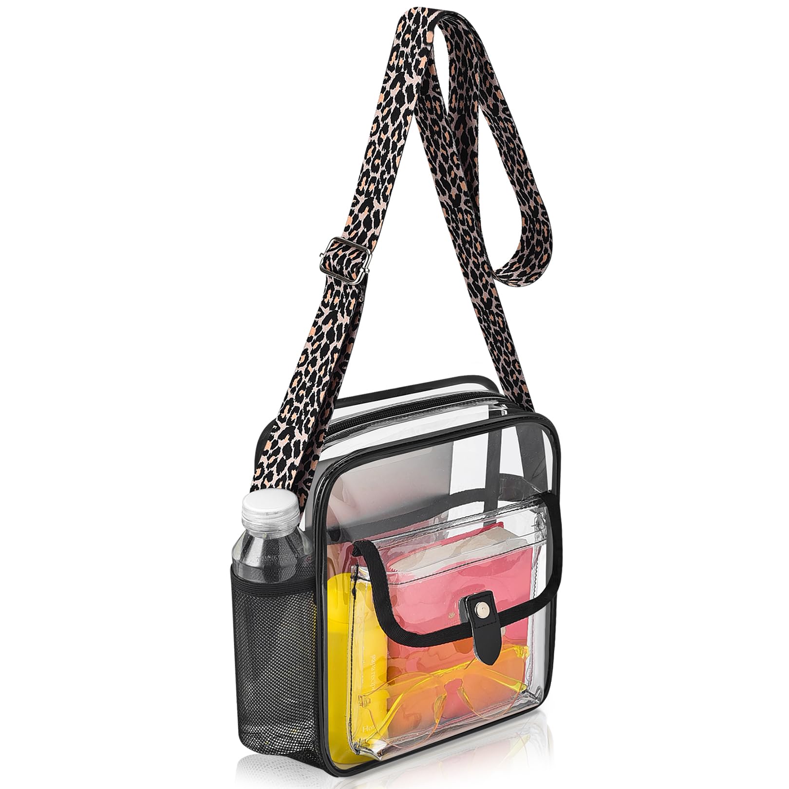 Photo 1 of SPODEARS Black Clear Crossbody Bag for Stadium Events & Concerts - 10.5"x8.5" Adjustable Shoulder Strap Plastic Purse with 1 Bottle Holder