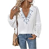 GORGLITTER Women's Boho Peasant Blouses Embroidered Bishop Long Sleeve Linen Shirt V Neck Casual Dressy Nashville Outfits