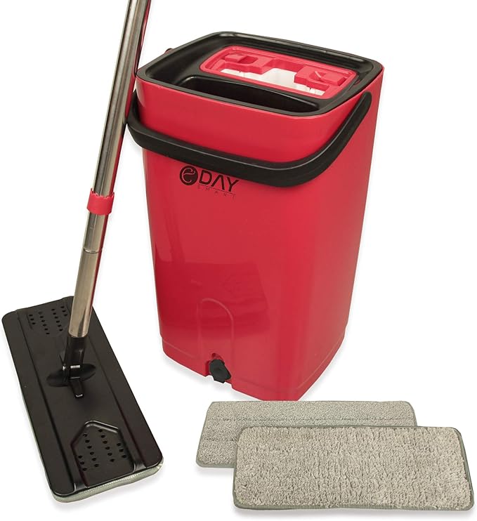 Microfiber Flat Mop and Bucket Kit with Wringer, Ergonomic Handle, Self
