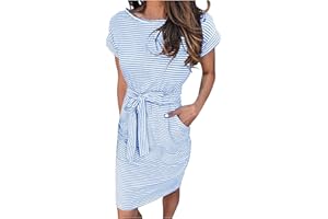 Tthxqing Striped Dress for Women Boho Beach Summer Short Sleeve T Shirt Dress Casual Crew Neck Tie Waist Dresses with Pockets