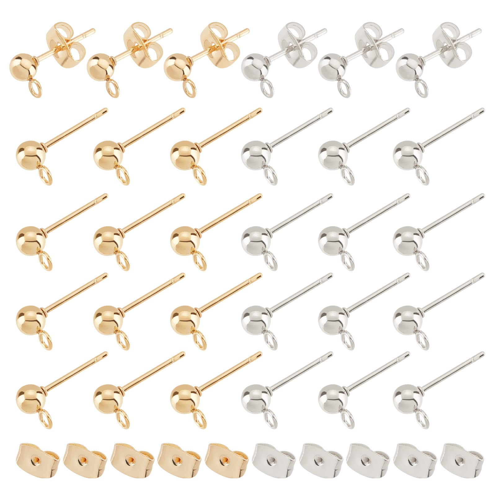 UNICRAFTALE 60 Pais 2 Colors Ball Stud Earring Findings 304 Stainless Steel Stud Earrings Ball Post Earrings Ball Earring Components With Loop And Ear Nuts Earrings For DIY Earring Making