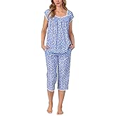 Lanz of Salzburg Women's 2-Piece Set, Cap Sleeve Flowy Top with Pintuck Neckline & Buttons, Capri Bottoms with Drawstring