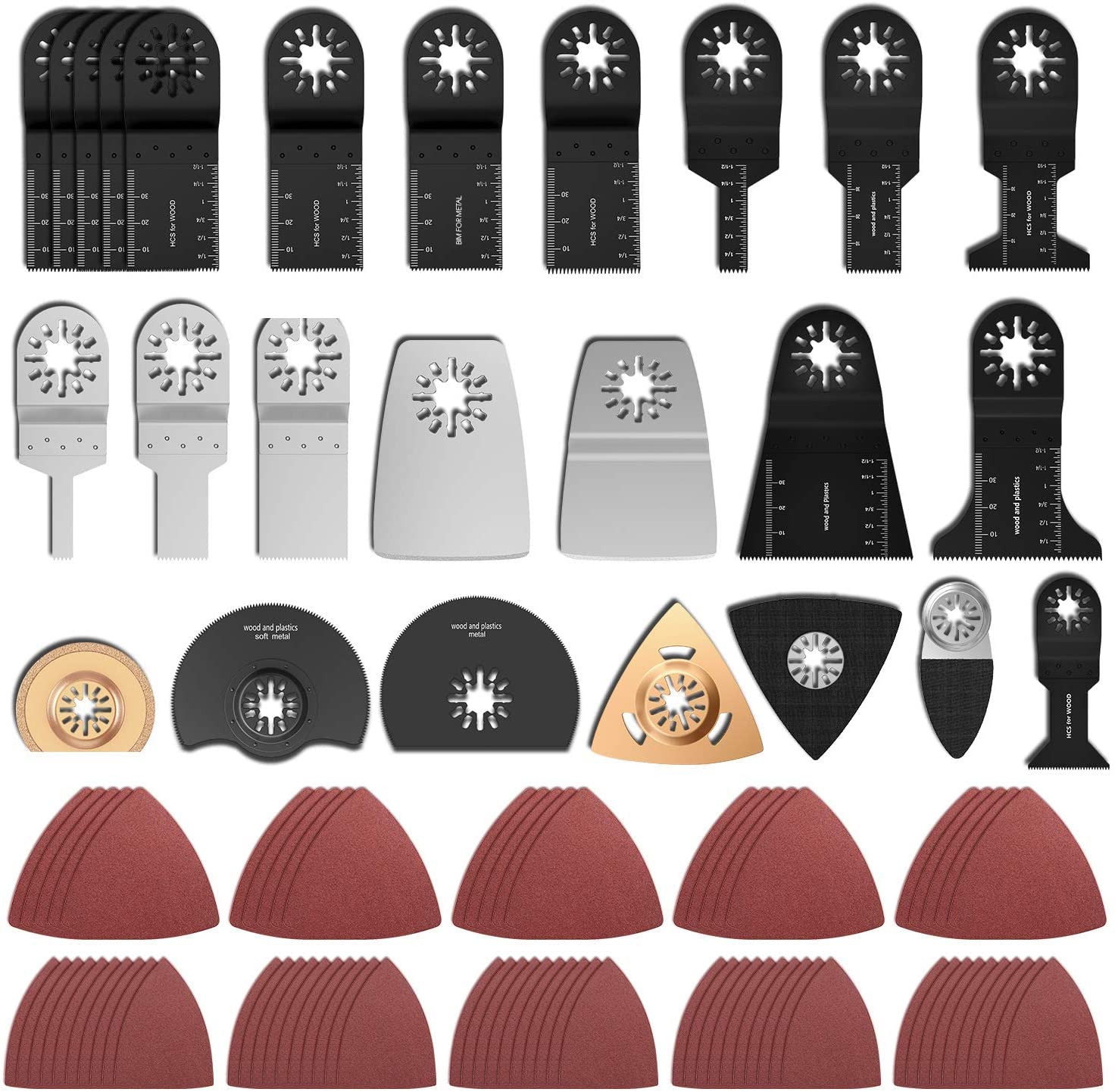 100Pcs Multi Tool Blades Oscillating Saw Blades Kit Wood Cutting Mix Multitool Blades Set Quick Release Saw Blades for Grinding, Sanding and Cutting (100Pcs)