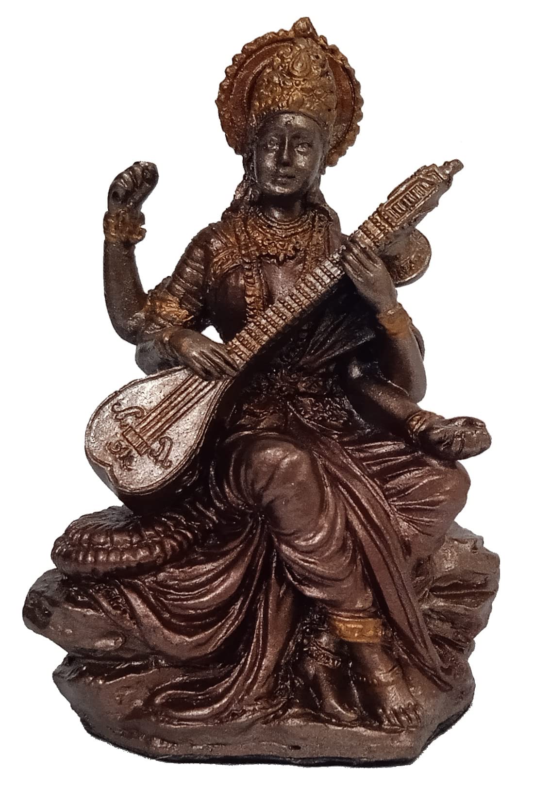 Purpledip Resin Idol Saraswathi, Goddess Of Knowledge Music Arts: Collectible Bronze Finish Statue For Home Temple, 3 Inches (12562)