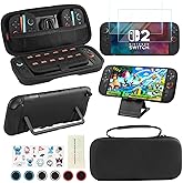 YOOWA Accessories Kit for Nintendo Switch 2 2025 - Sturdy Accessories Bundle for NS 2 with Carrying Case, dockable cover case, 2 Pack Tempered Glass Screen Protector, 6 Thumb Grips - Black