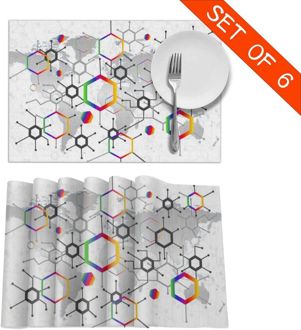 Geometry Hexagon Placemats, Table Mats 12"x18" Set of 6, Washable Waterproof Anti-Skid Microfiber Heat-Resistant Insulation Stain Resistant Place Mat for Dining Room Kitchen Table Decoration