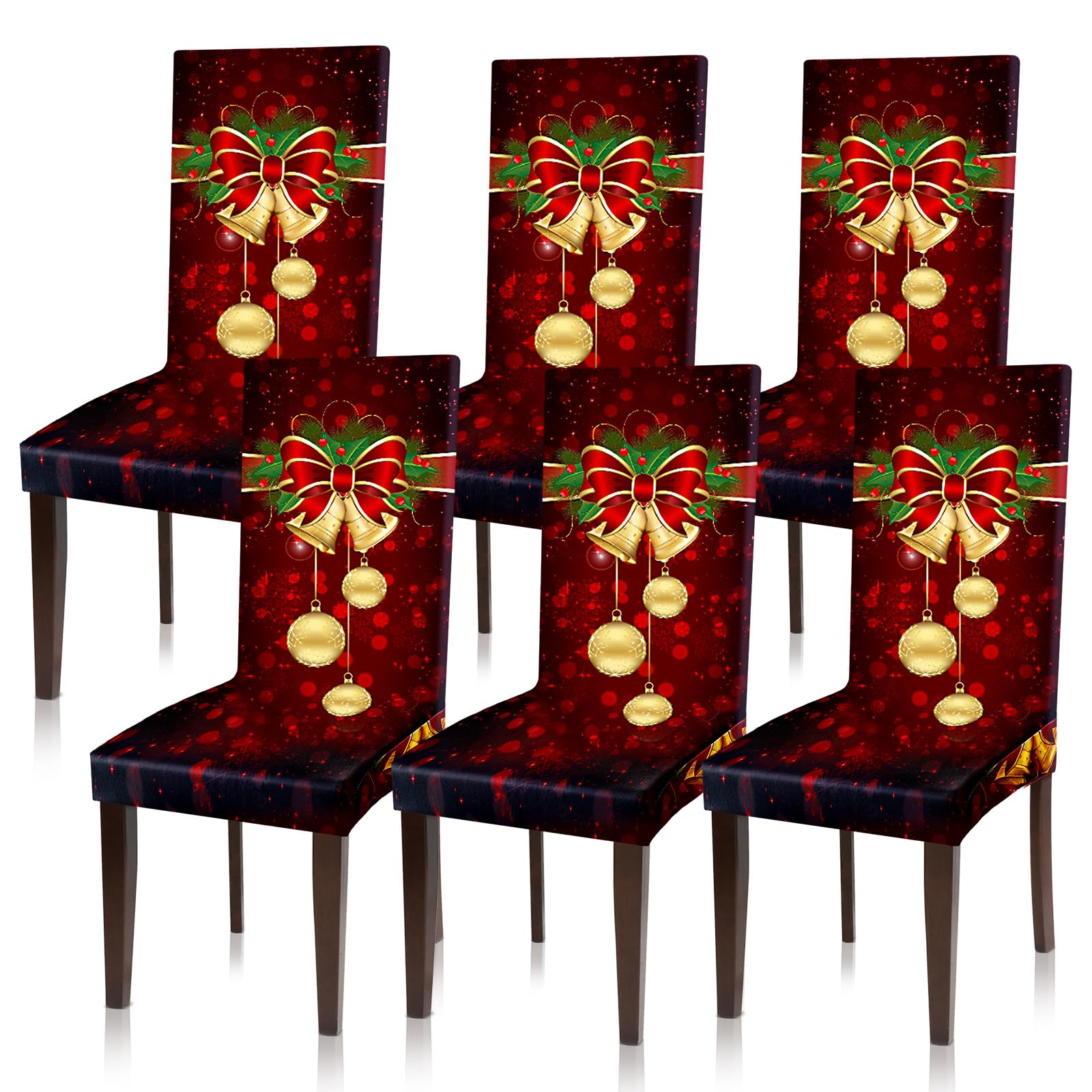 Photo 1 of Moukeren 6 Pcs Red Christmas Chair Covers Set Stretch Removable Washable Christmas Dining Chair Seat Covers for Home Hotel Dining Room Kitchen Banquet Wedding Xmas Party Decor