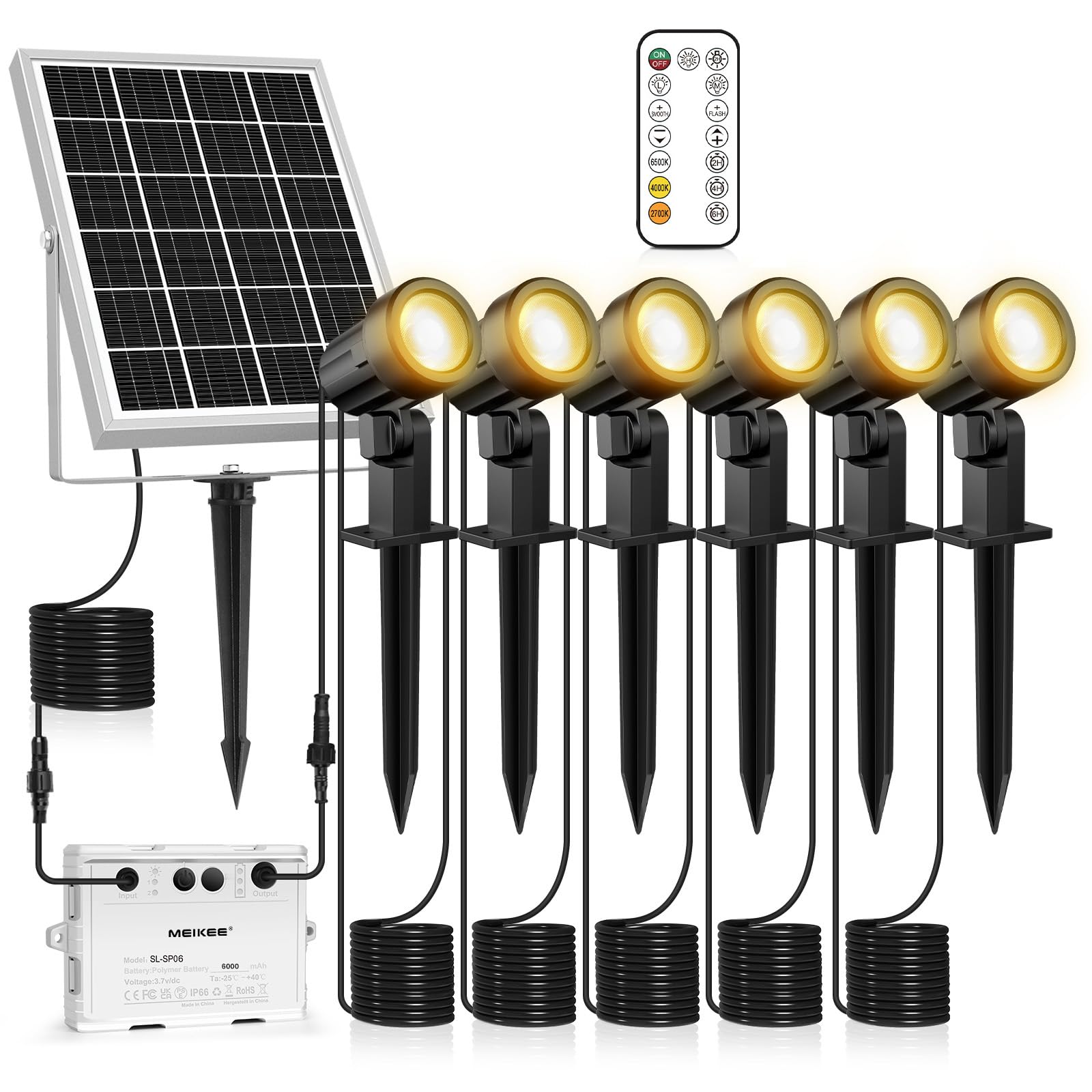 MEIKEE 6 in 1 Solar Spot Lights Outdoor Garden – 3 Colors LED Landscape Lighting with Remote, IP66 Waterproof Dusk to Dawn Dimmable Solar Spike Lights, Smooth & Flash Modes for Lawn Path Yard Fence