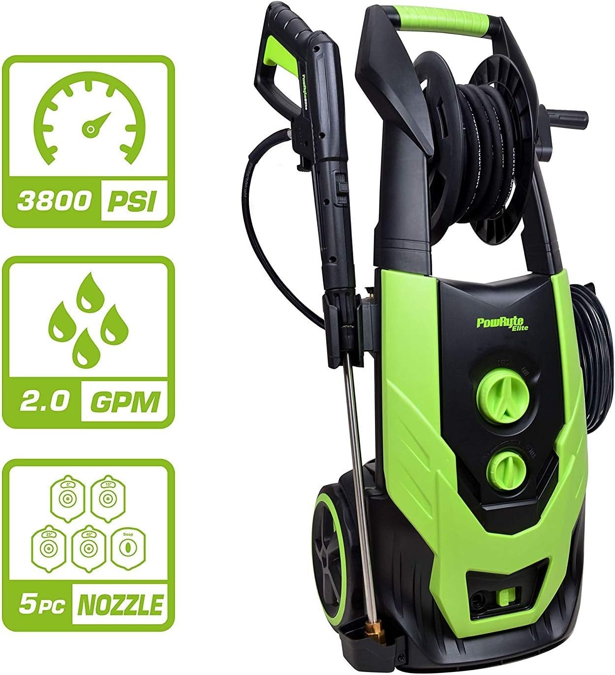 PowRyte Elite 3800 PSI 2.0 GPM Brushless Induction Electric Pressure Washer, Electric Power Washer with Hose Reel, 5 Quick-Connect Spray Tips