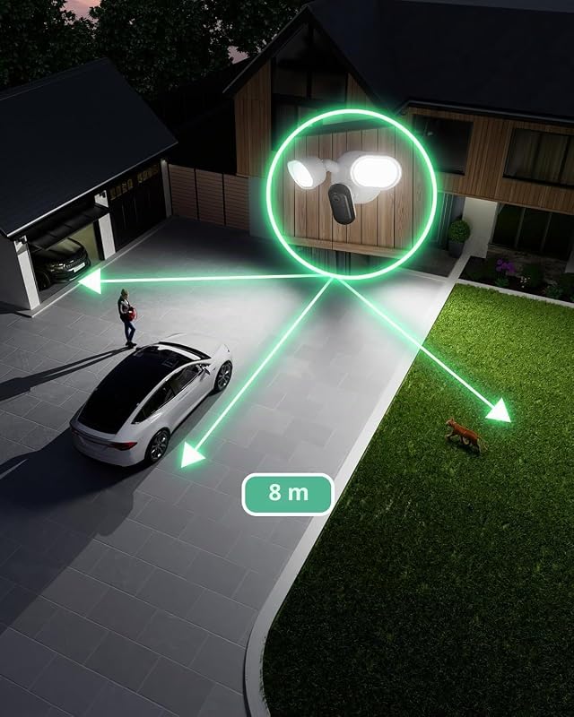 Holofote 2K com fios, câmara Wi-Fi exterior, HDR 2K, grande angular de 160°, visão noturna a cores, sirene de alarme, até 2000 lúmens, teste gratuito Arlo Secure, 2 câmaras
