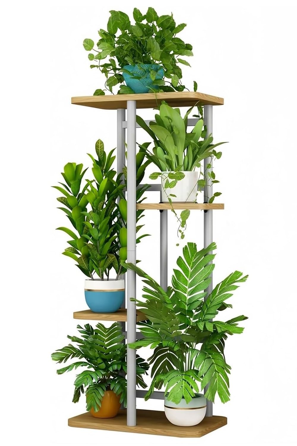 LINZINAR Plant Stand 4 Tier 5 Potted Indoor Plant Shelf Multiple Stands for Garden Corner Balcony Living Room (4 Tier 5 Potted, White)