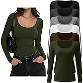 Oakgarden 6 Pack Women's Scoop Neck Long Sleeve Shirts Cotton Blend Slim Fit Tops Basic Stretchy Base Layer Tee