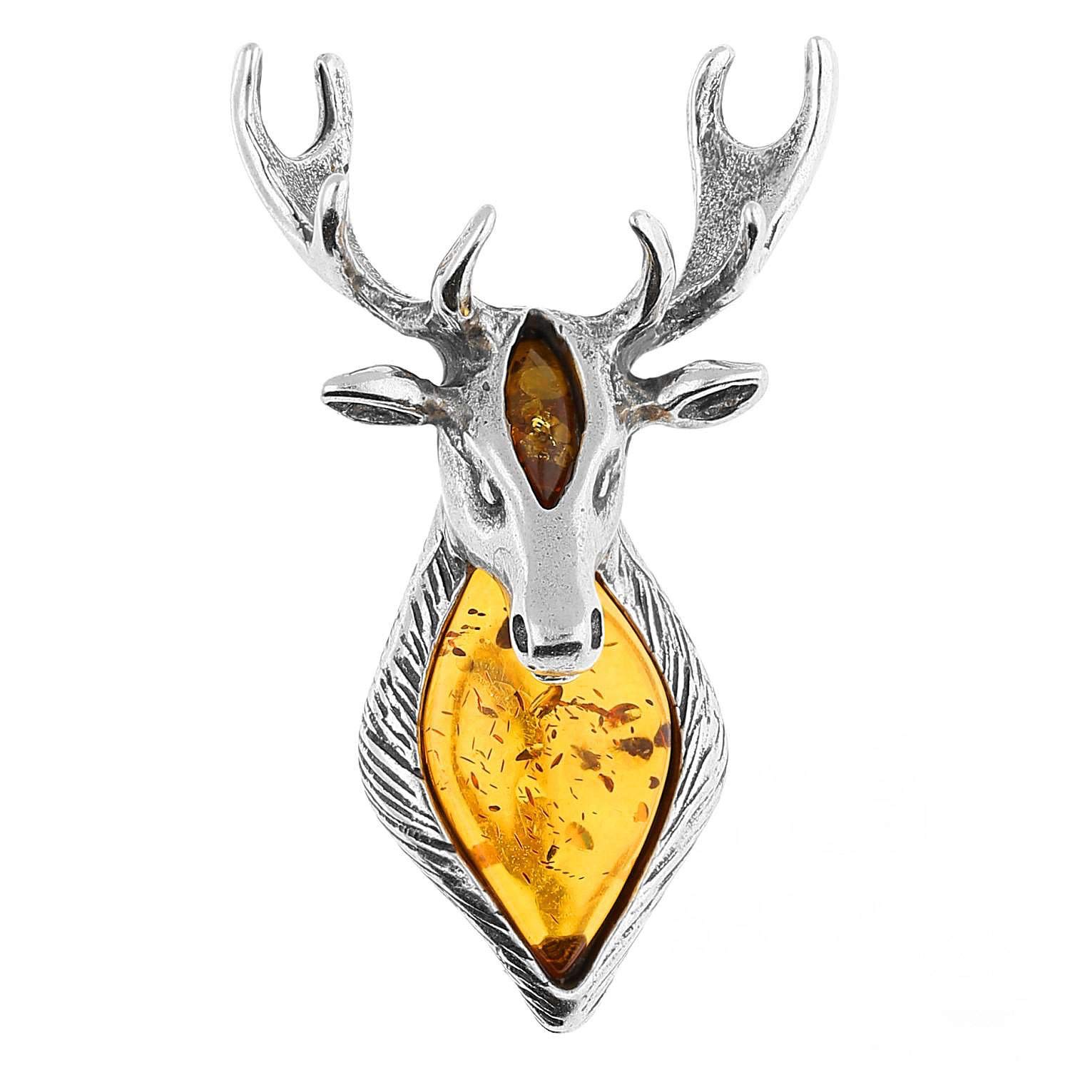 Deer Sterling Silver Brooch Pin/Clip in Orange Amber for Women Ladies - 925 Sterling Silver - Brooch Jewellery