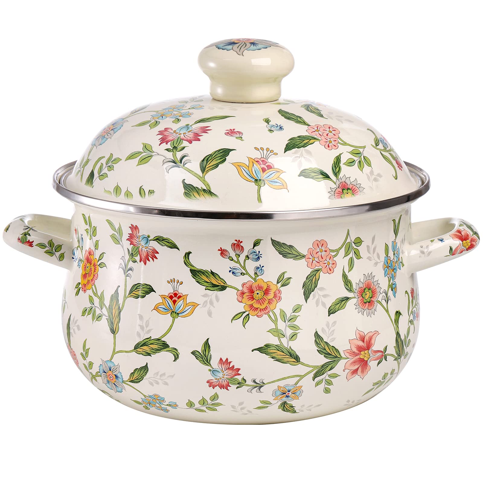 Photo 1 of Jucoan 2.8 Quart Vintage Enamel Cooking Pot with Lid, Green Floral Enamelware Simmer Pot Saucepan with Dual Handles for Gas Electric Stovetop, Soup Bowl Gift for Housewarming Wedding Bridal Shower