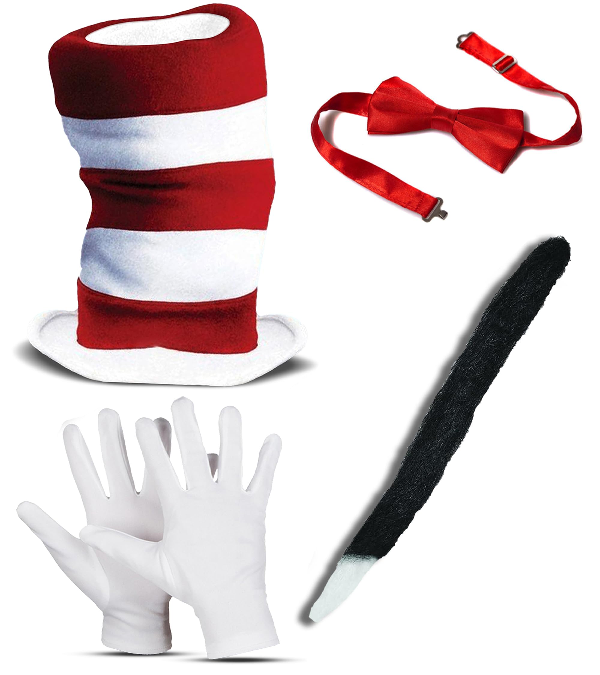 Dreamzfit - Adult Teenager Red/White Stripe Cat Kit World Book Day Week 4 Piece Set Crazy Halloween Fancy Dress Costume, Red/White