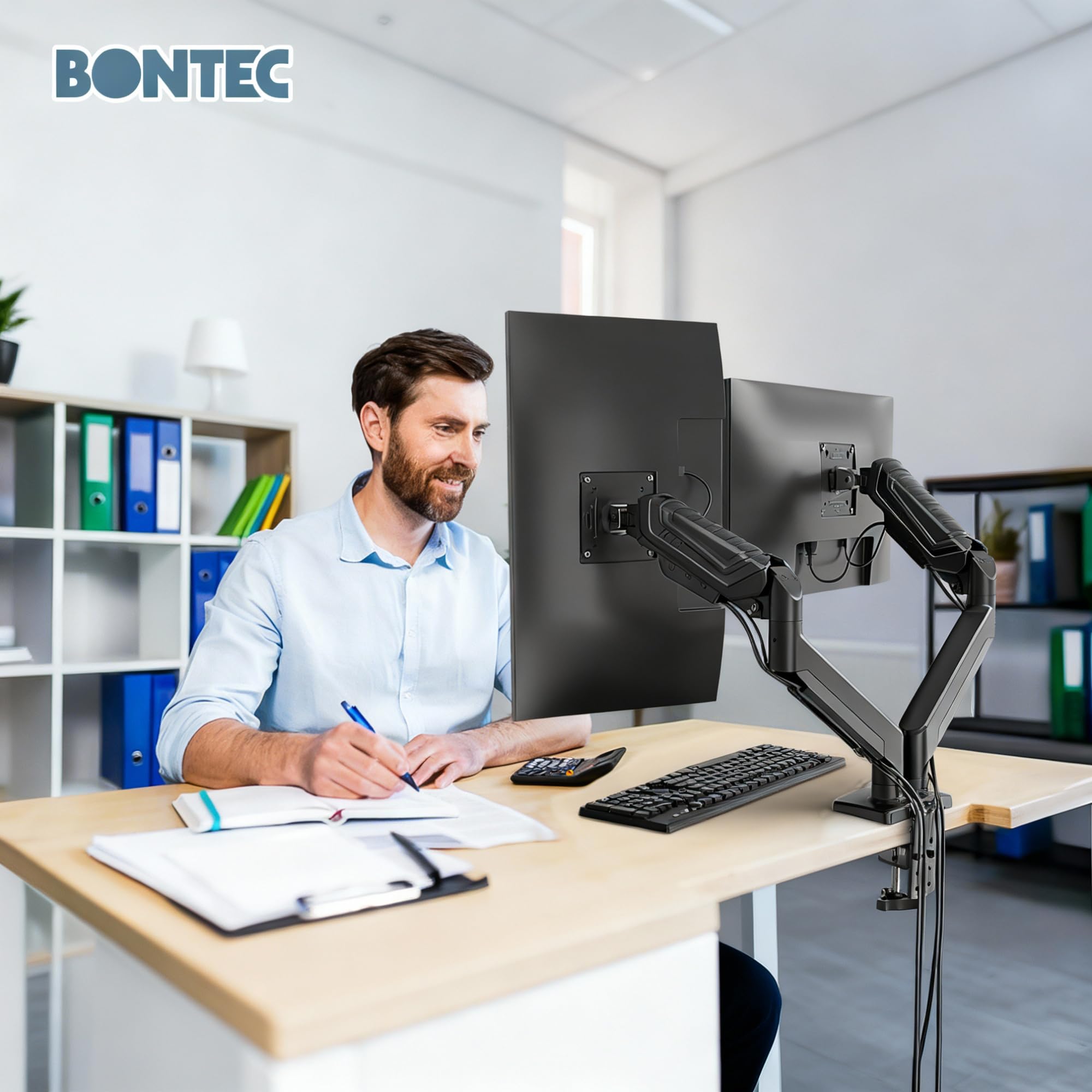 BONTEC Monitor Halterung 2 Monitore für 14-34 Zoll Bildschirme, Gasfeder Monitorhalterung, VESA 75/100, Neigbar, Schwenkbar, 360° Drehbar, Ergonomisch, Kabelmanagement, für Homeoffice und Gaming 2