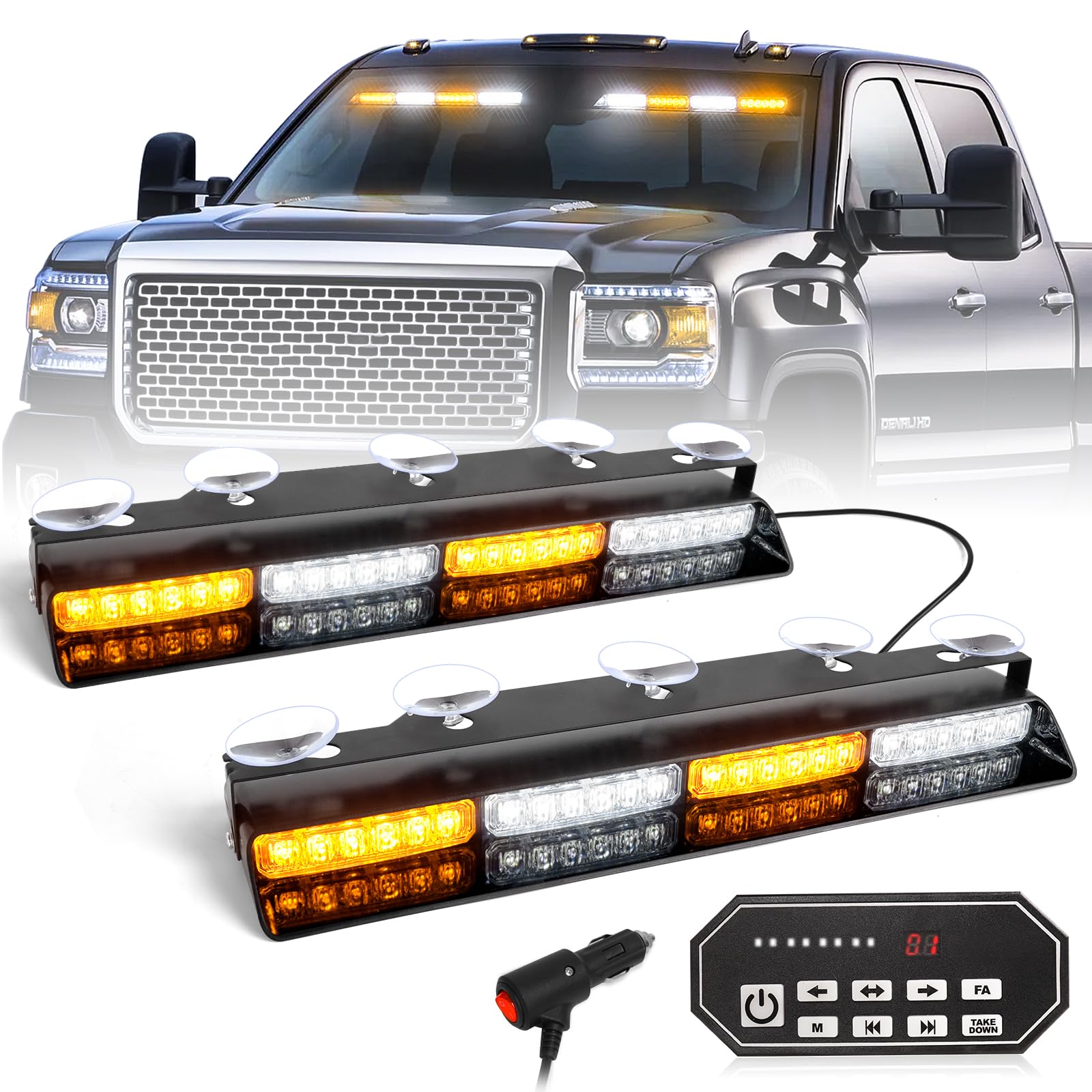 Photo 1 of HLauto 604N Emergency Dash Strobe Lights w/Controller: 2x16.8 inch Amber White Security Light w/Take Down, 48 LED Safety Flashing Warning Hazard Interior Windshield Light Bar for Truck Vehicle