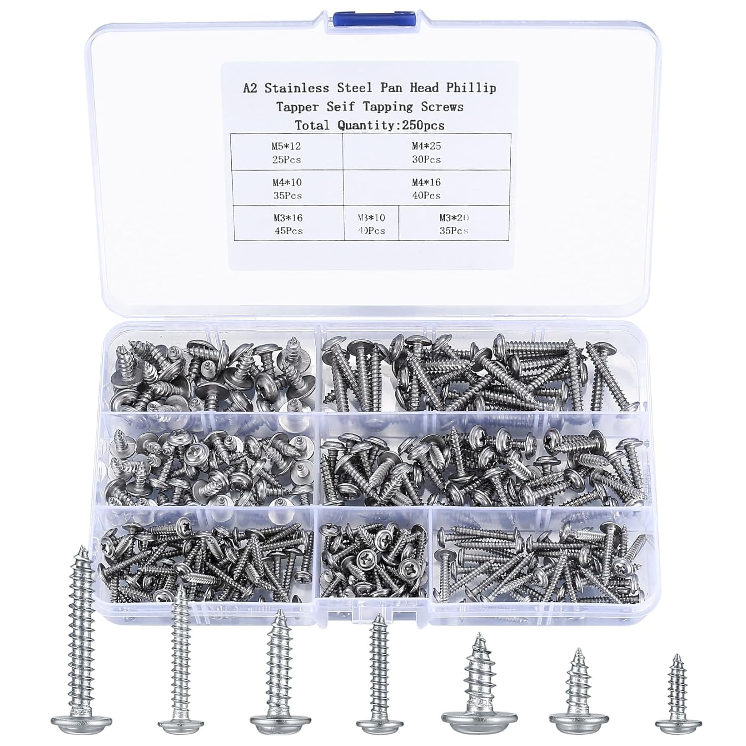 250 Pcs M3 M4 M5 Self Tapping Screws for Wood, Silver Pan Wafer Head Self Drilling Cross Truss Head Assorted Wood Screws for DIY Repairs